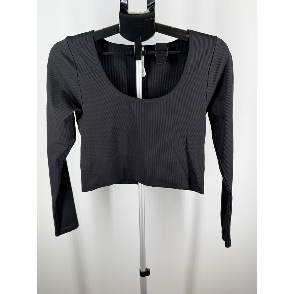 Athleta Ribbed Long Sleeve Crop‎ Top Black Scoop Neck Activewear Womens Large